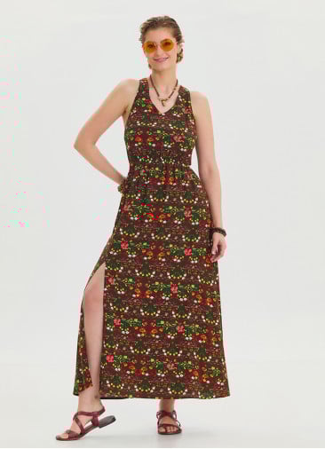 V Neck Slit Green Floral Dress 4643
